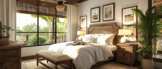 Cozy bedroom interior design. Modern light house or hotel room with comfortable large king size...