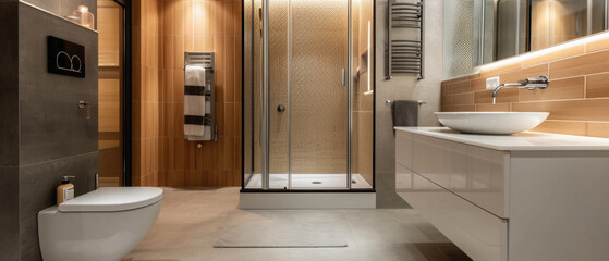 Bathroom interior home home luxury minimalist design style with furniture bathtub, sink, shower, toilet. Modern stylish clean bath room in house or apartment contemporary decoration background.