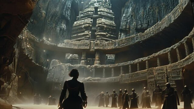 Giant fantasy arena landscape with a crowd of people animation