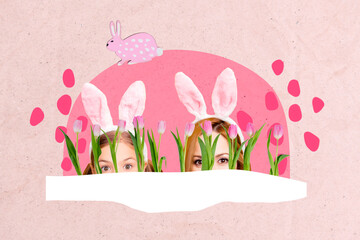 Composite collage picture image of cute mom daughter hide celebrate easter holiday traditional...