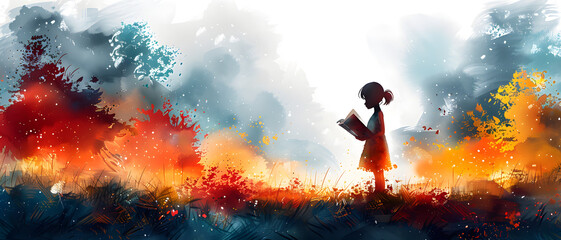 A girl in a red dress loses herself in a book among a whirl of autumn colors, evoking a sense of peace and escapism