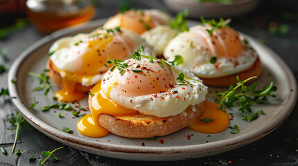 A high-angle shot capturing the golden hue of perfectly poached eggs on egg benedict, real photo, natural lighting