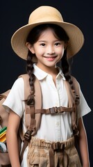 portrait of a little Asian tourist girl on a studio background