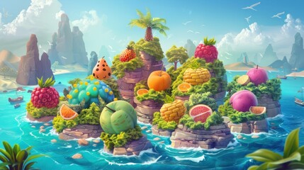 Depict an archipelago where each island is shaped and colored like different fruits, with adventurers navigating the fruity seas  - obrazy, fototapety, plakaty
