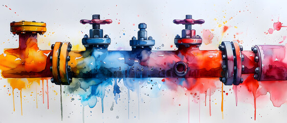 A vivid watercolor art piece displaying a series of pipe valves colored in vibrant hues and dripping paint - obrazy, fototapety, plakaty