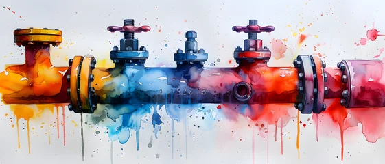 Fotobehang A vivid watercolor art piece displaying a series of pipe valves colored in vibrant hues and dripping paint © Janina