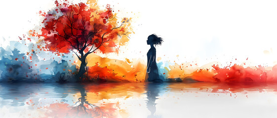A vibrant watercolor painting depicting a silhouette of a woman alongside a fiery autumnal tree reflected in water
