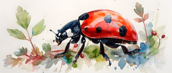 A realistic ladybug crawls on a leaf with a backdrop of splashing vibrant watercolors
