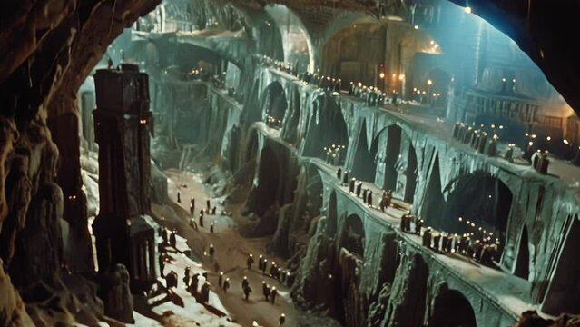Giant underground fantasy city built of stone and sand in a cave animation cityscape