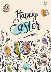 Happy Easter greeting card with hand-drawn floral elements and lettering
- 764004117