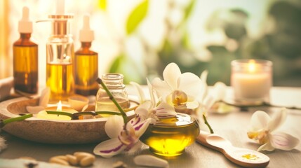 A set of aromatic oils, candles, and orchids presenting a peaceful and therapeutic environment for relaxation and wellness