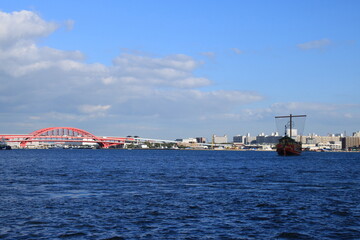 神戸の風景：ハーバーランドから見たポートアイランド・神戸大橋