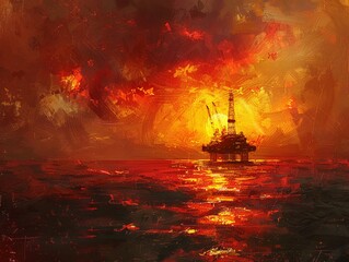 Oil rig silhouette against fiery sunset, polluted waters below, dramatic impact - obrazy, fototapety, plakaty