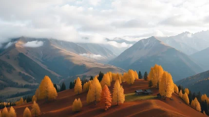 Foto op Plexiglas Autumn Enclave: Golden Trees Amidst Majestic Mountain Valleys © Artwork Vector