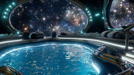 A luxurious floating spa orbiting a serene planet