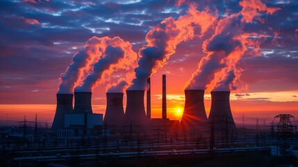 Nuclear power plant with an intense red and cloudy evening sky. smoke from coal power plant under sunset sky.