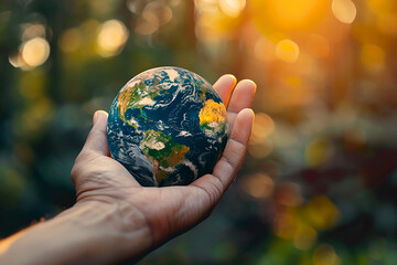 The natural planet earth is in the hands of man as a symbol of solidarity and protection of nature. Earth Day is a holiday
