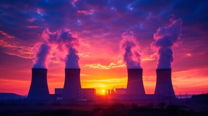 Nuclear power plant with an intense red and cloudy evening sky. coal fired power station and Combined cycle power plant at sunset. - obrazy, fototapety, plakaty