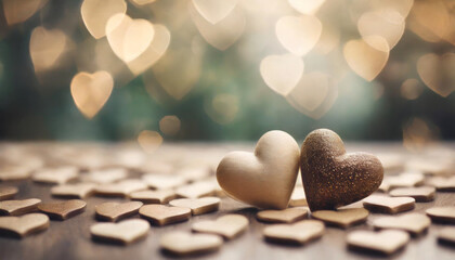 Beige brown hearts on blurred background, symbolizing love. Clean empty space, ideal for love concept - obrazy, fototapety, plakaty