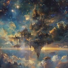 Cosmic journey to dreamlike fortresses floating in an ethereal sky