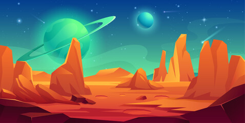 Mars surface landscape. Vector illustration of alien planet with craters, saturn planet, mountains, rock, sky galaxy, comet and stars. Red desert in cosmos. Martian extraterrestrial background.