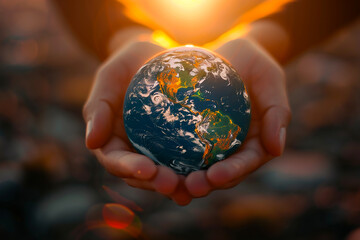 The natural planet earth is in the hands of man as a symbol of solidarity and protection of nature. Earth Day is a holiday
