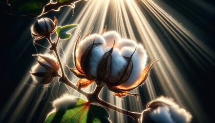 Macro Sunlit Cotton Plant with Detailed Focus - obrazy, fototapety, plakaty