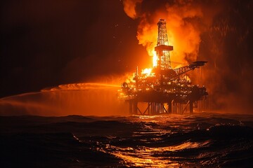 Night-time flaring, bright flames on rig, dark ocean, stark contrast