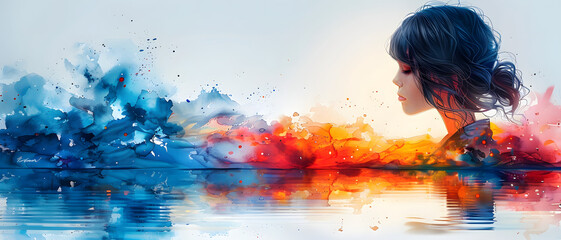Intriguing illustration of a woman's silhouette with vibrant hues that reflect a fiery sunset over water, symbolizing hope and contemplation - obrazy, fototapety, plakaty