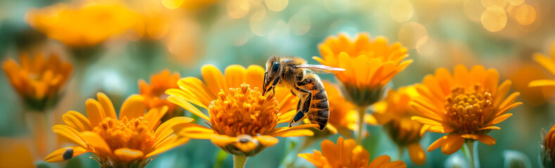 Bee Pollinating Bright Yellow Flowers Under Golden Sunlight
 - obrazy, fototapety, plakaty