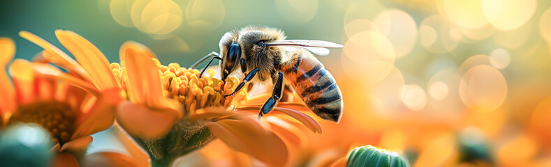 Close-Up of Bee Pollinating an Orange Flower in Sunlight
