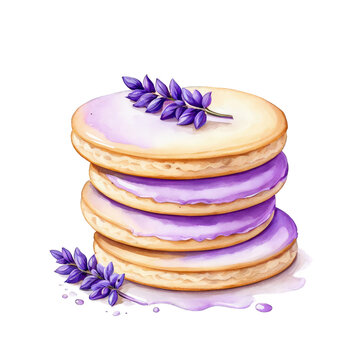 recommend clip art: Lavender shortbread cookies watercolor illustration, with fragrant lavender buds, lavender cookies stacks, breakfast, snack clipart, cutout on white background, biscuits cookie