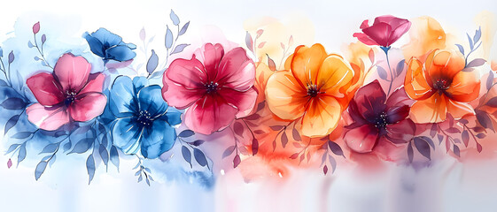 Vibrant illustration of various flowers in full bloom with a watercolor effect, showcasing a blend of cool and warm tones - obrazy, fototapety, plakaty