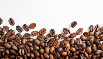 Naklejka premium Coffee beans border: isolated on white background banner, with ample white space for captions. Panoramic view