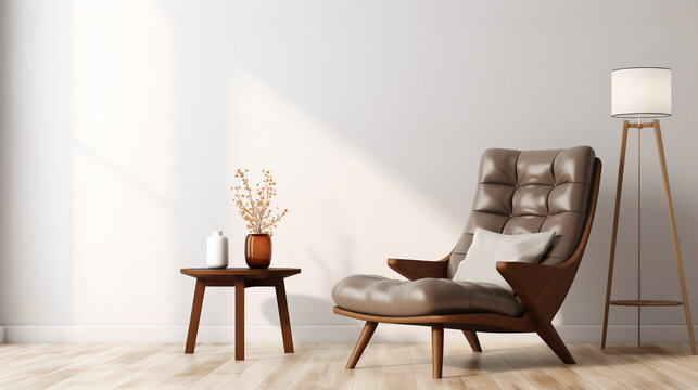 Elegant mid-century modern brown leather armchair with white pillow and wooden legs in a bright room with white walls and wooden floor.