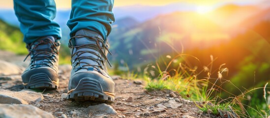 hiking boots close-up. tourist hiker walking on the trail in the sunset - obrazy, fototapety, plakaty