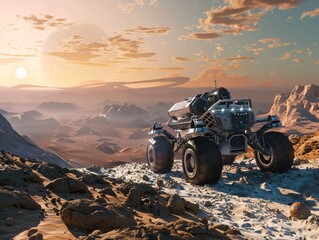 Futuristic AI-driven rover navigating the rugged alien landscape of Mars