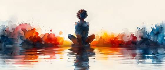 A serene silhouette meditating amidst a burst of warm and cool watercolor splashes reflecting in calm waters - obrazy, fototapety, plakaty