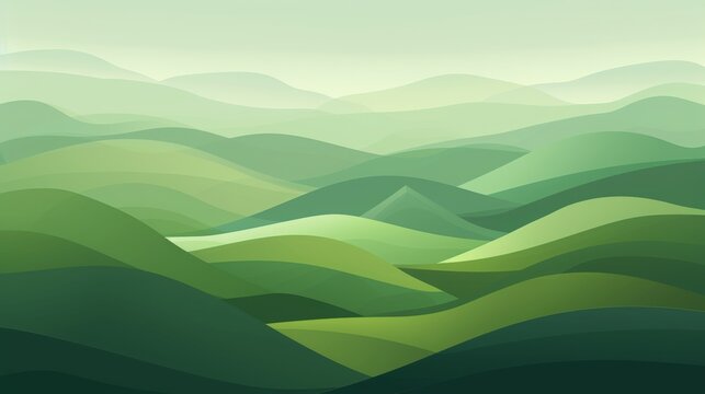 Abstract graded green colors landscape wallpaper background illustration desig, hills and mountains, copy and text space, 16:9