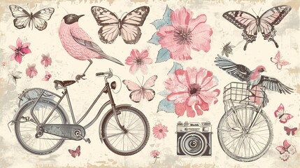 Birds, bows, flowers, a bike, a camera, and butterflies against a grunge background.