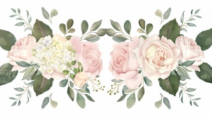 The elements of the bouquet are isolated and editable, and include eucalyptus, greenery, hydrangeas, and tropical leaves in floral pastel watercolor style. The elements are isolated and editable.