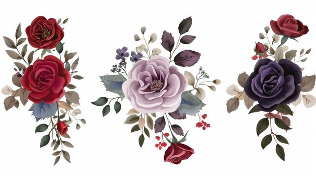 A set of floral branches. The flowers are red, burgundy, purple roses and leaves are green. A wedding concept with flowers. A floral poster and invite design. Modern arrangements for greeting cards