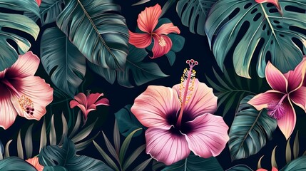 This seamless floral pattern in Hawaiian style features tropical flowers, palm leaves, jungle leaves, hibiscus, and birds of paradise. - obrazy, fototapety, plakaty