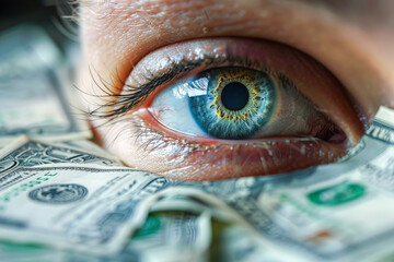Bitcoin. Eyes of a person with the logo money and bitcoin