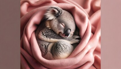 A serene koala sleeps in a comfortable pink blanket.Generative AI image