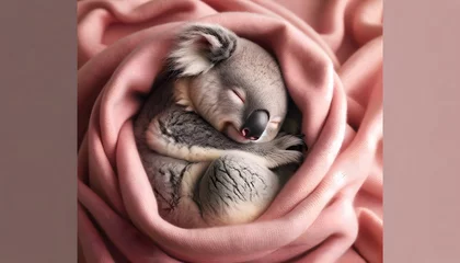 Ingelijste posters A serene koala sleeps in a comfortable pink blanket.Generative AI image © shunfei
