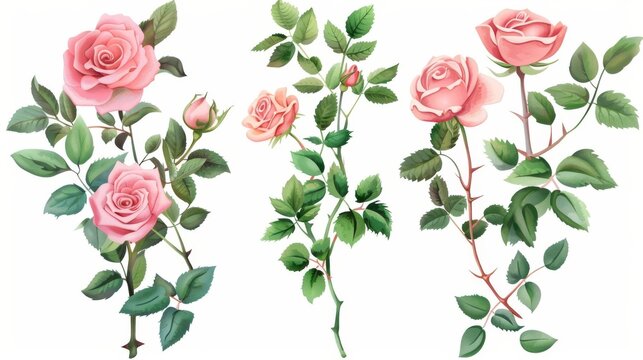 A set of floral branch with a pink rose and green leaves. Wedding concept with flowers. Invitation design with flowers. Modern arrangement for a greeting card or invitation.