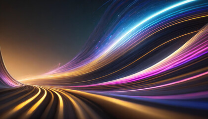 Futuristic stock photo featuring dynamic gold, blue, and pink neon lines symbolizing speed and motion - obrazy, fototapety, plakaty