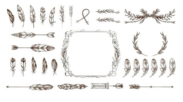 An ornamental set of Boho Style Elements with hand drawn shapes. Boho Style Frames with feathers and arrows. Modern illustration.