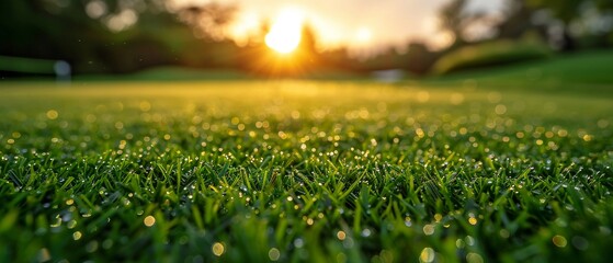 Dewkissed grass at dawn, closeup on golf gear, the days first light inviting a fresh start on the golfing journey , vibrant